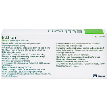 Thuốc Elthon 50mg điều trị chướng bụng, đau bụng trên (2 vỉ x 10 viên)