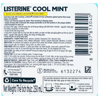 Nước súc miệng Listerine Cool Mint hỗ trợ viêm nướu, sâu răng, hôi miệng (250ml)