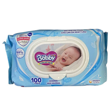 Khăn ướt em bé Bobby không mùi hương gói 100 miếng