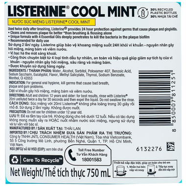 Nước súc miệng Listerine Cool Mint hỗ trợ viêm nướu, sâu răng, hôi miệng (750ml)