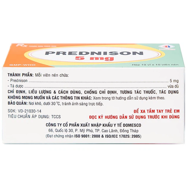Thuốc Prednison 5mg Domesco điều trị viêm khớp dạng thấp, lupus ban đỏ (100 viên)