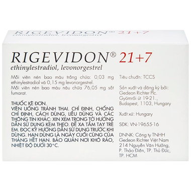 Thuốc tránh thai Rigevidon 21+7 Gedeon (3 vỉ x 28 viên)