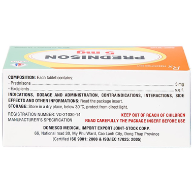 Thuốc Prednison 5mg Domesco điều trị viêm khớp dạng thấp, lupus ban đỏ (100 viên)