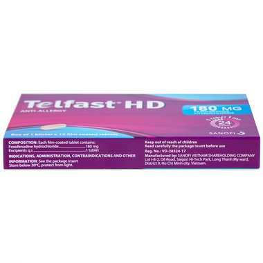 Thuốc Telfast HD 180mg hỗ trợ điều trị viêm mũi dị ứng, mày đay (1 vỉ x 10 viên)