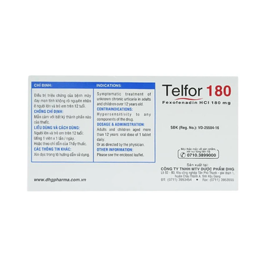 Thuốc Telfor 180mg điều trị viêm mũi dị ứng, mề đay (2 vỉ x 10 viên)