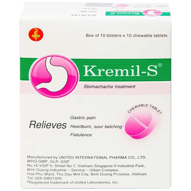 Thuốc Kremil-S điều trị viêm dạ dày, viêm thực quản (Hộp 10 Vỉ x 10 Viên)