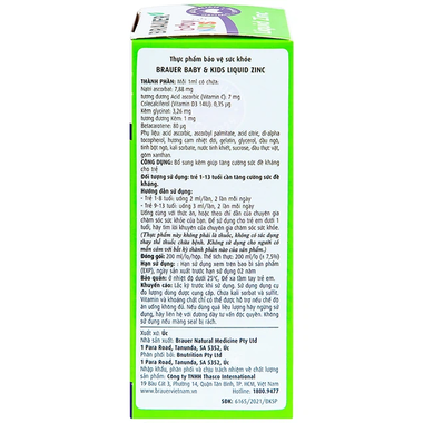 Thực phẩm bảo vệ sức khoẻ Brauer Baby &amp; Kids Liquid Zinc (200ml)