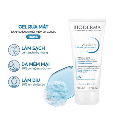 Gel Rửa Mặt Tạo Bọt Dành Cho Da Khô, Nhạy Cảm Bioderma Atoderm Intensive Gel Moussant (200ml)