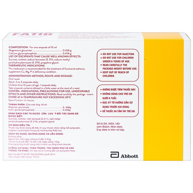 Dung dịch uống Fatig Abbott hỗ trợ điều trị suy nhược chức năng (2 vỉ x 10 ống)