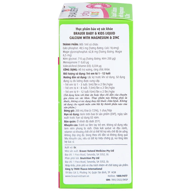 Thực phẩm bảo vệ sức khỏe Brauer Baby &amp; Kids Liquid Calcium with Magnesium &amp; Zinc (200ml)