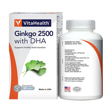 Viên uống Ginkgo 2500 With DHA VitaHealth hỗ trợ chức năng não bộ, tăng cường khả năng ghi nhớ (60 viên)