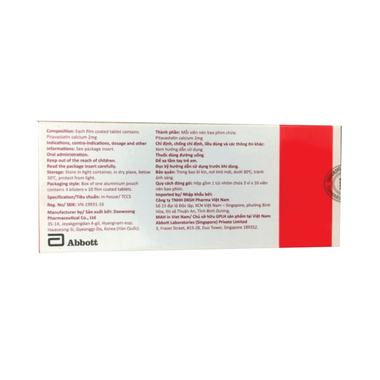 Viên nén Pitalip 2mg Abbott điều trị tăng cholesterol máu (3 vỉ x 10 viên)