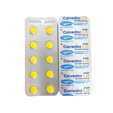 Thuốc Carvedilol 6.25 Savi điều trị tăng huyết áp, suy tim sung huyết (3 vỉ x 10 viên)