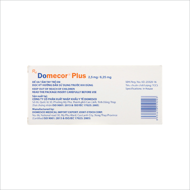 Domecor Plus 2.5mg/6.25mg trị tăng huyết áp (3 vỉ x 10 viên)