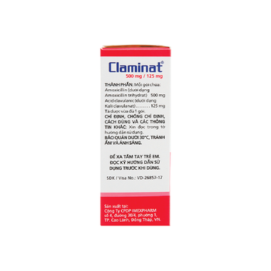 Thuốc bột pha hỗn dịch uống Claminat IMP 500mg/62.5mg điều trị nhiễm khuẩn (12 gói)