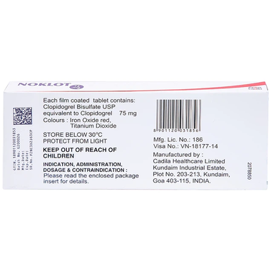 Thuốc Noklot 75mg hỗ trợ phòng ngừa tai biến xơ vữa động mạch ( hộp 3 vỉ x 10 viên)