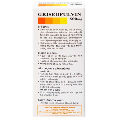 Thuốc Griseofulvin 500mg Vidipha điều trị các bệnh nấm da, tóc, lông, móng tay, móng chân (2 vỉ x 10 viên)