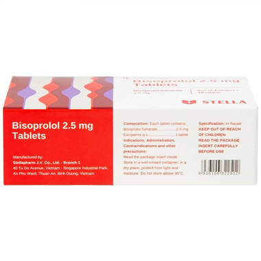 Thuốc Bisoprolol 2.5mg Stella hỗ trợ điều trị tăng huyết áp, đau thắt ngực mạn tính ổn định (Hộp 3 vỉ x 10 viên)