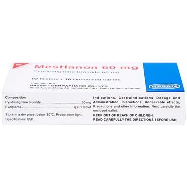 Viên nén MesHanon 60mg Hasan điều trị nhược cơ, tắt ruột do liệt ruột và bí tiểu sau phẫu thuật (3 vỉ x 10 viên)