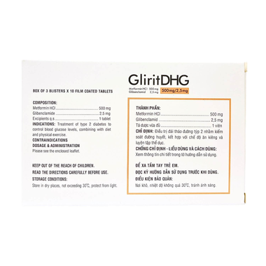 Thuốc Glirit 500mg/2,5mg hỗ trợ điều trị đái tháo đường tuýp 2 (Hộp 30 viên)