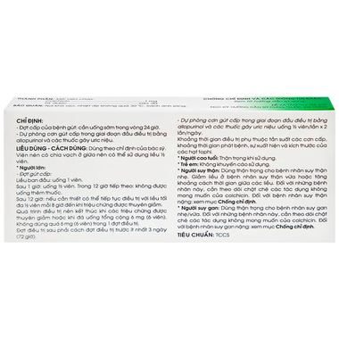 Thuốc Colchicin 1mg Phòng Tái Phát Viêm Khớp Do Gút (Hộp 1 Vỉ X 20 Viên)