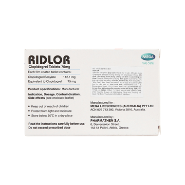 Thuốc Ridlor 75mg trị rối loạn nghẽn mạch máu (3 vỉ x 10 viên)