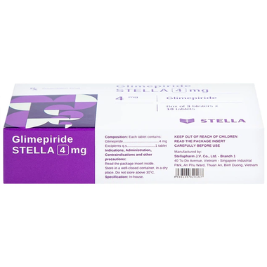 Thuốc Glimepiride Stella 4mg hỗ trợ điều trị đái tháo đường tuýp 2 (3 vỉ x 10 viên)