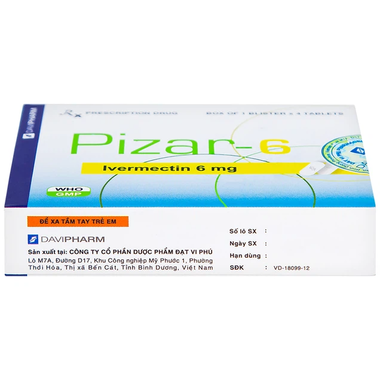 Viên nén Pizar-6 điều trị các bệnh nhiễm giun lươn, giun chỉ (1 vỉ x 4 viên)