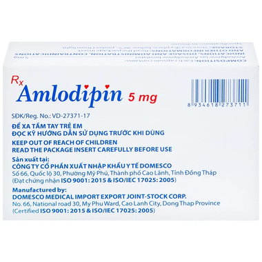 Thuốc Amlodipin 5mg Domesco điều trị tăng huyết áp, đau thắt ngực (3 vỉ x 10 viên)