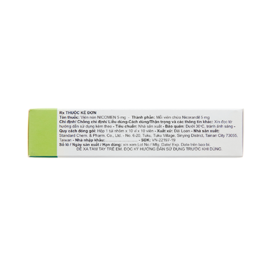 Viên nén Nicomen 5mg Standard Chem And Pharm điều trị đau thắt ngực (10 vỉ x 10 viên)