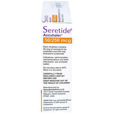 Bột hít phân liều Seretide Evohaler DC 50/250 Gsk điều trị hen phế quản, tắc nghẽn phổi mạn tính (60 liều)