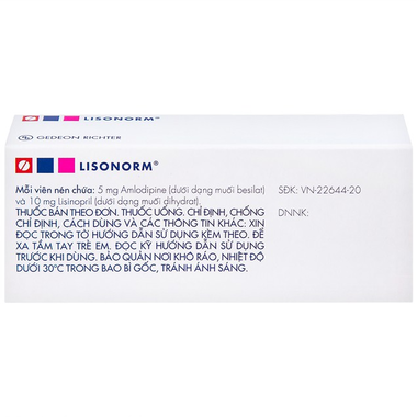 Thuốc Lisonorm 5mg/10mg điều trị tăng huyết áp vô căn (3 vỉ x 10 viên)
