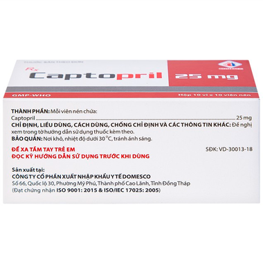 Thuốc Captopril 25mg điều trị tăng huyết áp, suy tim, nhồi máu cơ tim (10 vỉ x 10 viên)