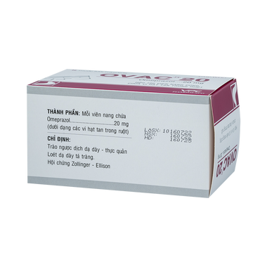 Thuốc Ovac 20mg Pharimexco điều trị và dự phòng tái phát loét dạ dày, tá tràng (10 vỉ x 10 viên)