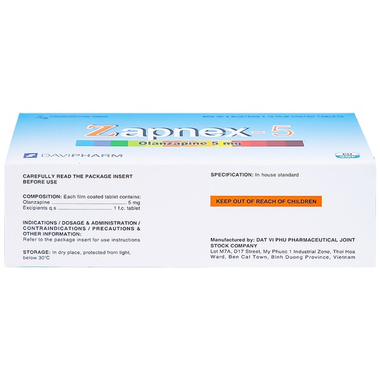 Thuốc Zapnex-5 DaviPharm điều trị tâm thần phân liệt, rối loạn lưỡng cực (6 vỉ x 10 viên)
