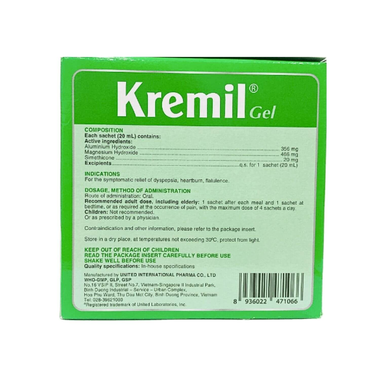 Dung dịch Kremil Gel United Pharma giảm loét dạ dày - tá tràng, viêm thực quản (30 gói x 20ml)