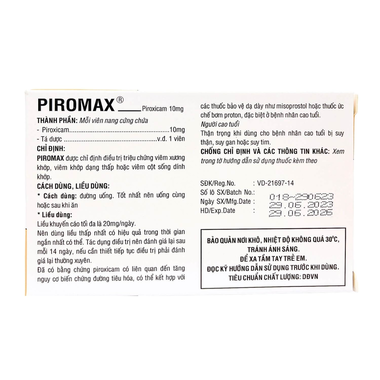 Thuốc Piromax 10mg điều trị viêm xương khớp, thoái hóa khớp (10 vỉ x 10 viên)