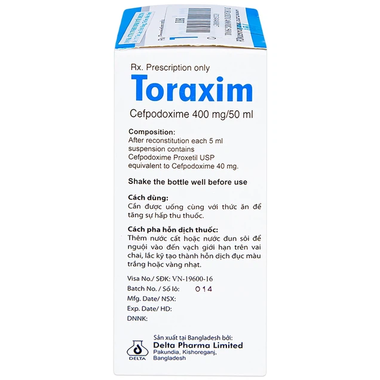 Bột pha hỗn dịch uống Toraxim 400mg/50ml Deltapharm điều trị các chứng nhiễm khuẩn (50ml)