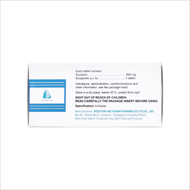 Thuốc Acyclovir Boston 800mg hỗ trợ phòng ngừa và trị nhiễm virus (Hộp 25 viên)