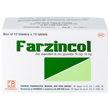 Thuốc Farzincol 10mg bổ sung kẽm, trị thiếu kẽm (10 vỉ x 10 viên)