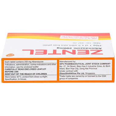 Thuốc Zentel 200mg điều trị các bệnh lý lâm sàng gây ra bởi các giun đường ruột nhạy cảm (2 viên)