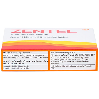 Thuốc Zentel 200mg điều trị các bệnh lý lâm sàng gây ra bởi các giun đường ruột nhạy cảm (2 viên)