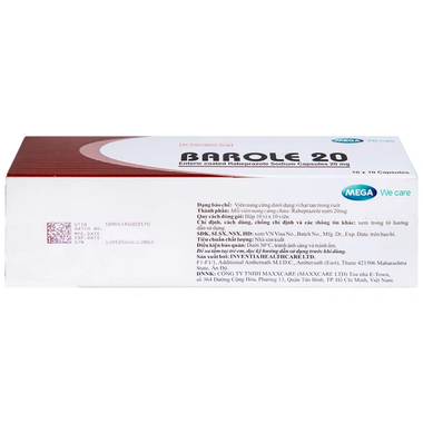Thuốc Barole 20mg điều trị viêm loét do trào ngược dạ dày - thực quản (10 vỉ x 10 viên)