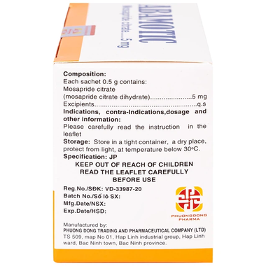 Thuốc Abamotic 5mg Phương Đông điều trị triệu chứng khó tiêu, ợ hơi, đầy bụng hộp 30 gói x 0,5g