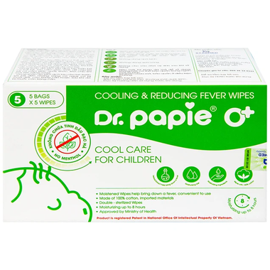 Khăn hạ sốt DR.Papie 0+ giảm nhiệt an toàn cho bé từ 0 tháng tuổi (5 túi x 5 khăn)