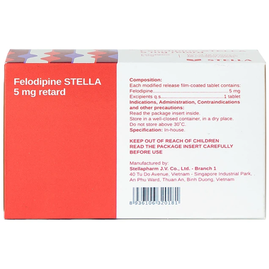 Thuốc Felodipine Stella 5mg Retard kiểm soát tăng huyết áp (10 vỉ x 10 viên)