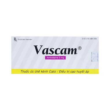 Thuốc Vascam 5mg điều trị tăng huyết áp, đau thắt ngực (3 vỉ x 10 viên)