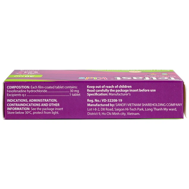 Thuốc Telfast Kids 30mg Sanofi điều trị viêm mũi dị ứng, mề đay cho trẻ em (1 vỉ x 10 viên)