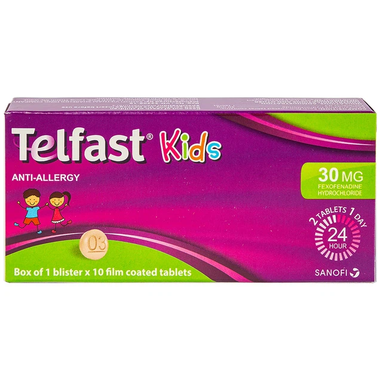 Thuốc Telfast Kids 30mg Sanofi điều trị viêm mũi dị ứng, mề đay cho trẻ em (1 vỉ x 10 viên)