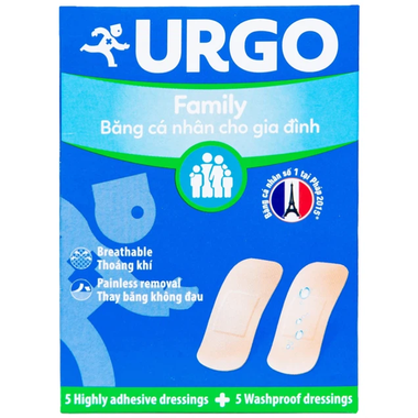 Băng cá nhân độ dính cao, co giãn tốt Urgo Family bảo vệ các vết thương nhỏ (10 miếng)